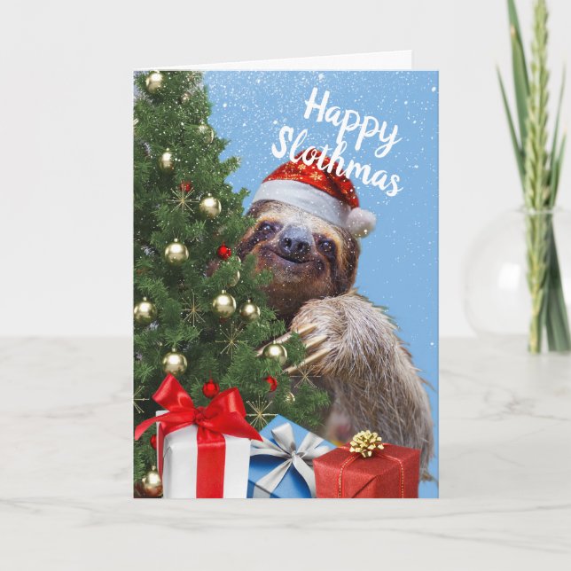 Cartes Pour Fêtes Annuelles Slothy Christmas Sloth à Santa Hat et Tree Card (Devant)