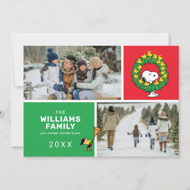 Cartes Pour Fêtes Annuelles Snoopy & Woodstock Famille de Noël Collage photo (Devant)