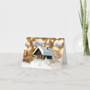 Cartes Pour Fêtes Annuelles Snow Cottage Golden Bokeh