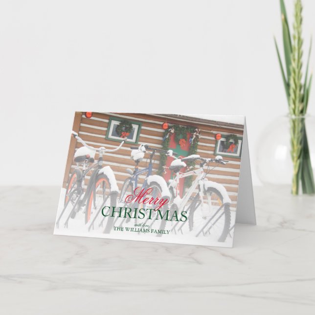 Cartes Pour Fêtes Annuelles Snow-Covered Bicycles Near Festive Lodge (Devant)