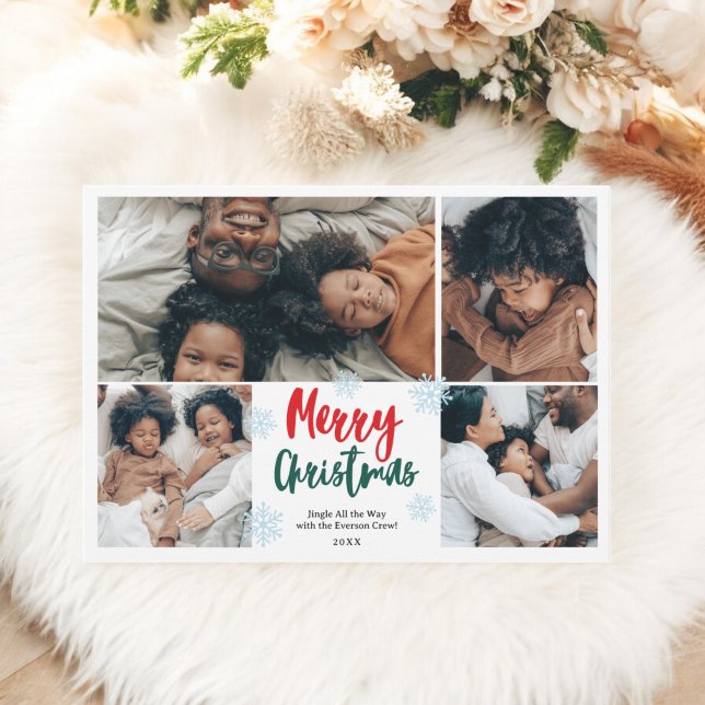 Cartes Pour Fêtes Annuelles Snow Fun script joyeuse famille de Noël 5 photos (Snow Fun script merry Christmas family 5 photos Holiday Card)