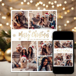 Cartes Pour Fêtes Annuelles Snowflake Gold et White 5 Photo Collage Noël<br><div class="desc">Script moderne élégant Or et blanc Flocon de neige 5 Photo Collage Joyeux Script de Noël Carte de vacances. Ce modèle de carte de voeux festif, minimaliste et fantasque de cinq (5) photos de vacances présente un joli montage photo en grille, un flocon de neige et dit "Joyeux Noël"! Le...</div>