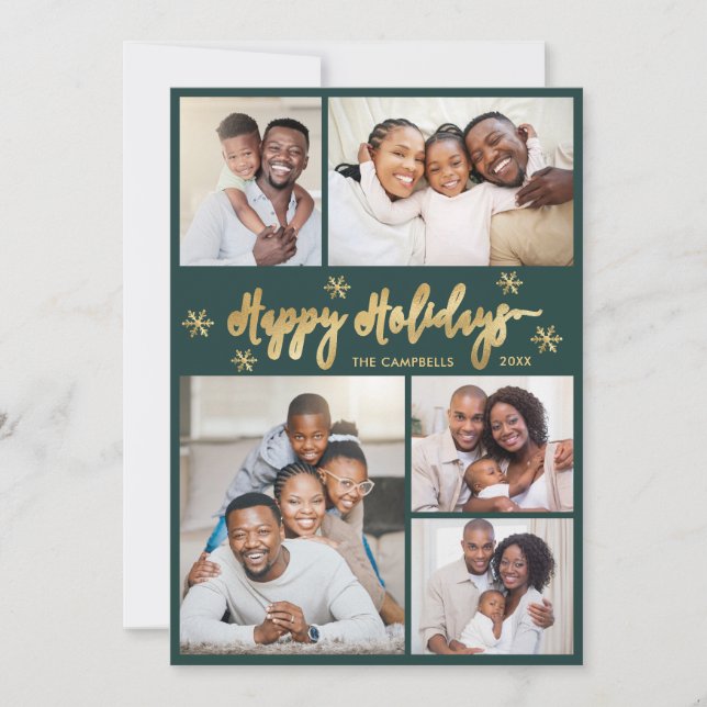Cartes Pour Fêtes Annuelles Snowflake Green and Gold 5 Photo Collage Christmas (Devant)