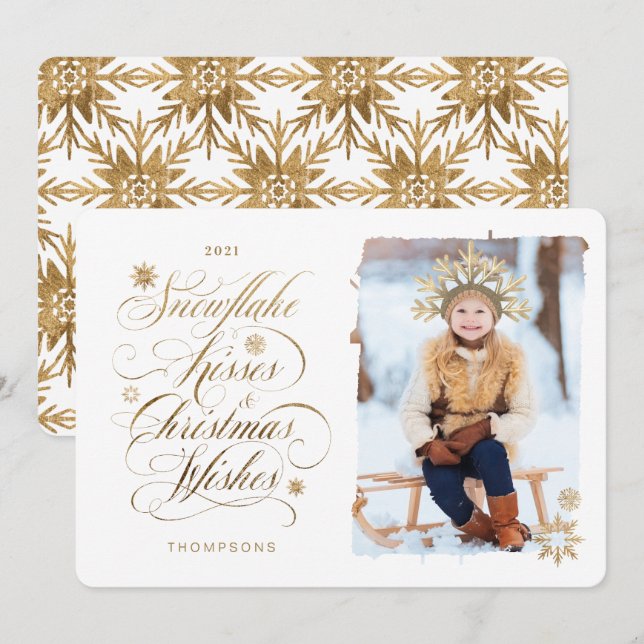 Cartes Pour Fêtes Annuelles Snowflake Kiss Christmas Wings Gold Script Photo (Devant / Derrière)