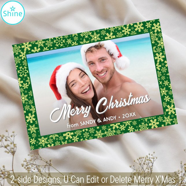 Cartes Pour Fêtes Annuelles Snowflake Noël Photo 2 Side Designs Vert (Créateur téléchargé)