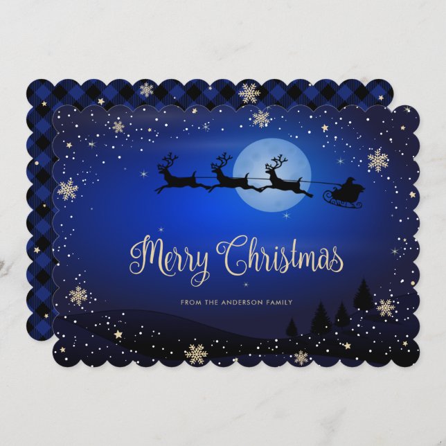 Cartes Pour Fêtes Annuelles Snowflake Plaid Bleu Reindeer Père Noël (Devant / Derrière)