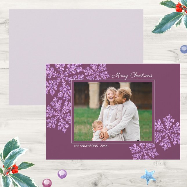 Cartes Pour Fêtes Annuelles Snowflake Plum Bling Élégante photo de Noël (Add a little plum purple goodness to your Christmas cards with this snowflake design and your photo)