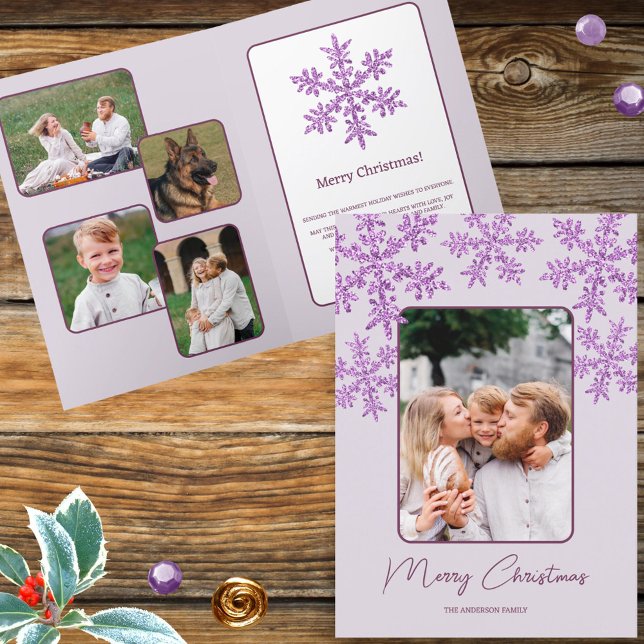 Cartes Pour Fêtes Annuelles Snowflake Purple Glam Trendy Script Chic 5 Photo (Your five photos and text will make these faux purple glitter snowflake Christmas cards unique)