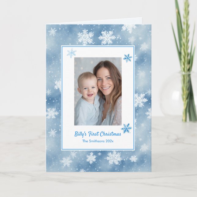 Cartes Pour Fêtes Annuelles Snowflakes Baby Boy Blue Photo First Christmas (Devant)