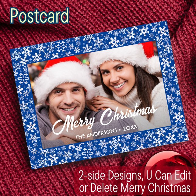 Cartes Pour Fêtes Annuelles Snowflakes Christmas Family Photo Script Blue (Créateur téléchargé)