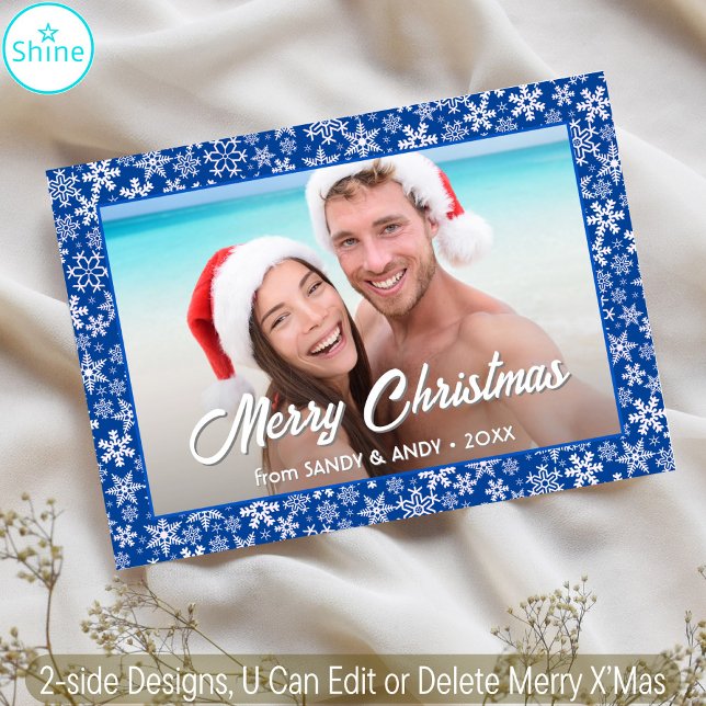 Cartes Pour Fêtes Annuelles Snowflakes Christmas Photo 2 Side Designs Blue (Créateur téléchargé)