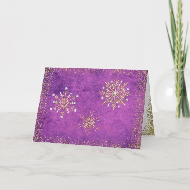 Cartes Pour Fêtes Annuelles Snowflakes de Noël Purple & Or (Devant)