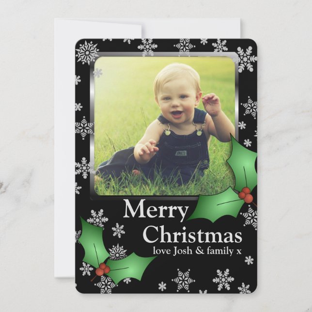 Cartes Pour Fêtes Annuelles Snowflakes et Holly sur Black Photo personnalisée (Devant)