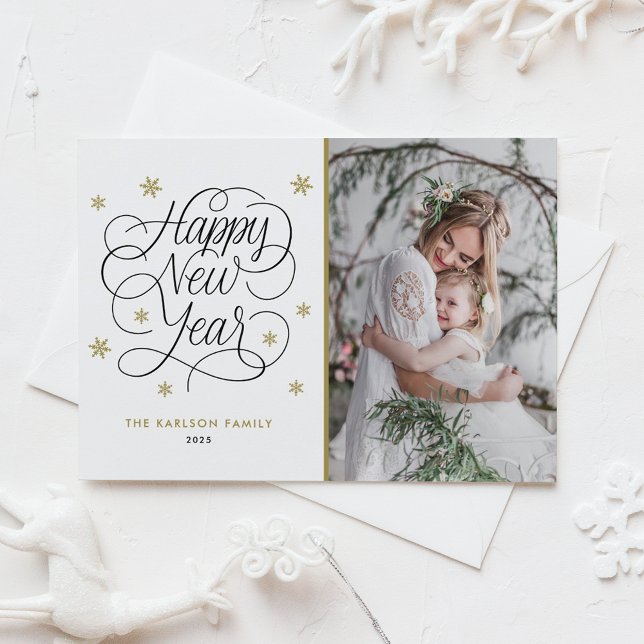 Cartes Pour Fêtes Annuelles Snowflakes Gold Joyeux photo du Nouvel An (Gold Snowflakes Happy New Year Photo Holiday Card)