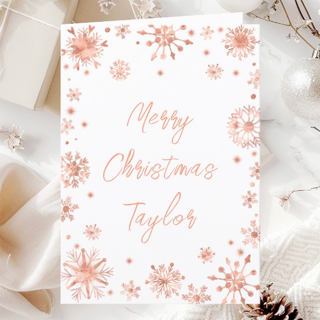 Cartes Pour Fêtes Annuelles Snowflakes Gold rose Joyeux Noël avec nom (Créateur téléchargé)