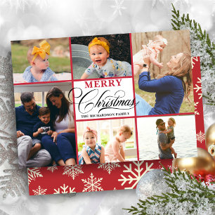 Cartes Pour Fêtes Annuelles Snowflakes Rouge moderne Élégant Script Photo Coll
