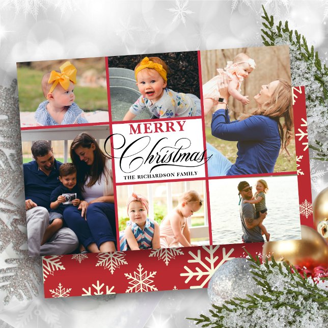 Cartes Pour Fêtes Annuelles Snowflakes Rouge moderne Élégant Script Photo Coll (Créateur téléchargé)