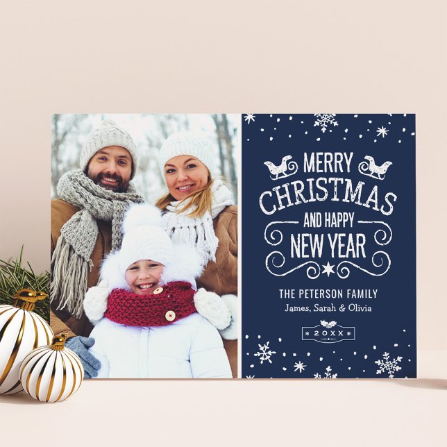 Cartes Pour Fêtes Annuelles Snowflakes Winter Navy Blue Joyeux Noël Photo (Créateur téléchargé)