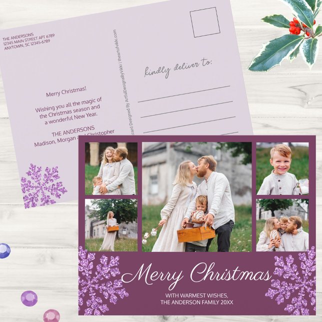 Cartes Pour Fêtes Annuelles Snowflum Plum Bling 5 Photo de famille Noël (Personalize these purple Christmas postcards using the easy to use photo and text templates)