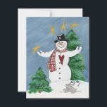 Cartes Pour Fêtes Annuelles Snowman à Tophat dit Welcome Christmas Holiday C<br><div class="desc">Voici mon Snowman souriant, perché (ou debout, monté, roulé, construit, placé, ou tiré) sur une petite colline enneigée devant un grand pin vert. Au-dessus de lui dans le ciel nocturne sont quatre étoiles. Il a un coeur sur son chèque et est gardé compagnie dans les bois par lapin. Avec ses...</div>