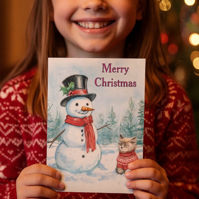 Cartes Pour Fêtes Annuelles Snowman  and Cat Merry Christmas Kids  (A delightful Christmas snowman card, ideal for children.)