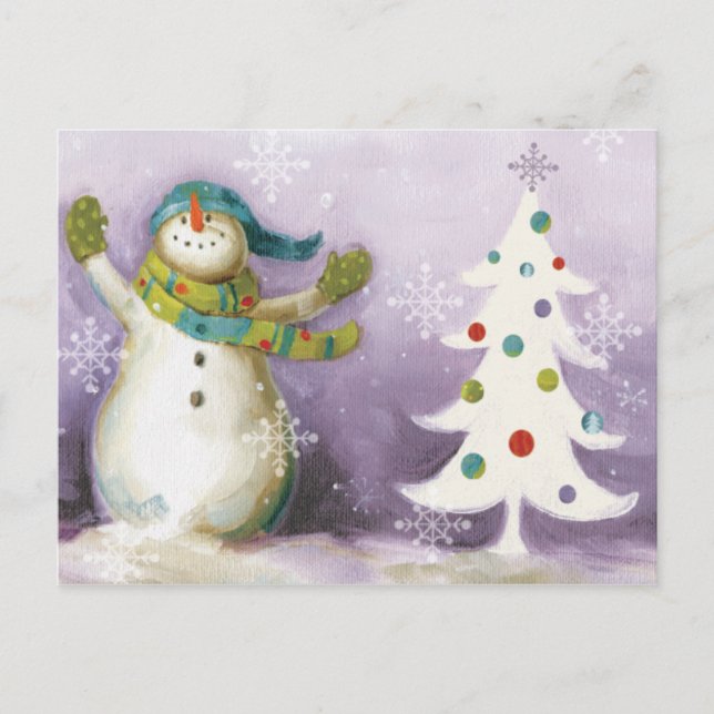 Cartes Pour Fêtes Annuelles Snowman avec des mitaines d'hiver et des arbres de (Devant)