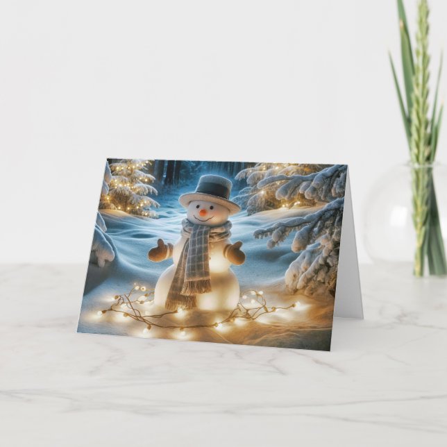 Cartes Pour Fêtes Annuelles Snowman Avec Lumières De Vacances (Devant)