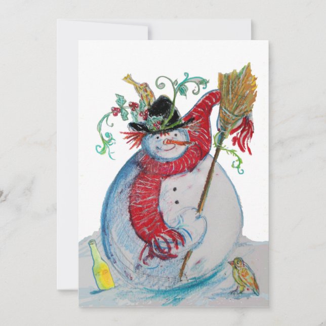 CARTES POUR FÊTES ANNUELLES SNOWMAN BLANCHI AVEC OISEAUX VACANCES D'HIVER SALU (Devant)