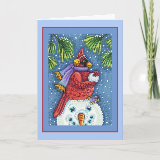 CARTES POUR FÊTES ANNUELLES SNOWMAN BODYGUARD, CHRISTMAS CARDINAL REDBIRD (Devant)