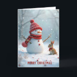 Cartes Pour Fêtes Annuelles Snowman de Noël avec lapin<br><div class="desc">Un bonhomme de neige vêtu d'un casquette rouge et d'une écharpe se tient joliment à côté d'un petit lapin,  également habillé chaleureusement,  entouré d'un paysage enneigé avec de douces chutes de neige. Le texte peut être modifié.</div>