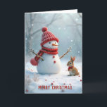 Cartes Pour Fêtes Annuelles Snowman de Noël avec lapin<br><div class="desc">Un bonhomme de neige vêtu d'un casquette rouge et d'une écharpe se tient joliment à côté d'un petit lapin,  également habillé chaleureusement,  entouré d'un paysage enneigé avec de douces chutes de neige. Le texte peut être modifié.</div>