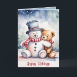 Cartes Pour Fêtes Annuelles Snowman De Noël Et Ours En Teddy<br><div class="desc">Ours en peluche marron à l'aquarelle mignon en flocons de neige avec bonhomme de neige. Le texte est modifiable.</div>
