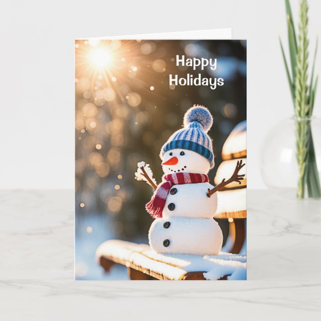 Cartes Pour Fêtes Annuelles Snowman de Noël sur un banc de parc (Devant)