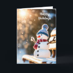Cartes Pour Fêtes Annuelles Snowman de Noël sur un banc de parc<br><div class="desc">Joli bonhomme de neige de Noël sur un banc de parc dans une forêt d'hiver avec poutres de soleil</div>