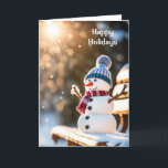 Cartes Pour Fêtes Annuelles Snowman de Noël sur un banc de parc<br><div class="desc">Joli bonhomme de neige de Noël sur un banc de parc dans une forêt d'hiver avec poutres de soleil</div>