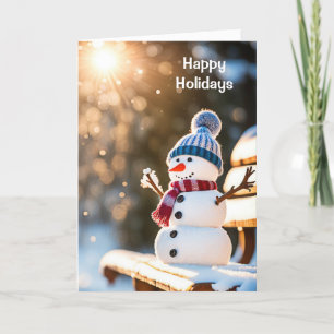 Cartes Pour Fêtes Annuelles Snowman de Noël sur un banc de parc
