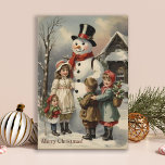 Cartes Pour Fêtes Annuelles Snowman de Noël Vintage avec Enfants<br><div class="desc">Snowman de Noël Vintage avec Carte de Vacances Enfants.</div>