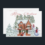 Cartes Pour Fêtes Annuelles Snowman de notre maison à votre Noël<br><div class="desc">Joyeux Noël de la Maison à la Vôtre - une scène de Noël chaleureuse et cosy de maison pittoresque décorée pour Noël avec des pins enneigés, des bonhommes de neige dans la cour, et des couronnes festives décorant les fenêtres et l'entrée en brique. Un mignon petit terrier écossais attend son...</div>