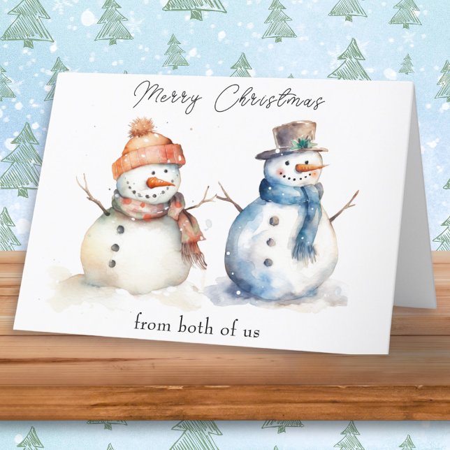 Cartes Pour Fêtes Annuelles Snowman De Nous Deux Joyeux Salutation De Noël (A whimsical Christmas card 'from both of us' with illustration of snowmen in a watercolor style)