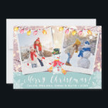 Cartes Pour Fêtes Annuelles Snowman de vacances personnalisé 2 photos | Bleu g<br><div class="desc">Beautifiez vos cartes de Noël avec vos photos précieuses sur cette carte d'images double couleur bleu et blanc d'hiver. Écriture blanche fantaisie saluant Joyeux Noël moucheté avec divers flocons de neige de taille variée, un mignon bonhomme de neige et des lumières de vacances suspendu au-dessus. Celui-ci a un endroit pour...</div>