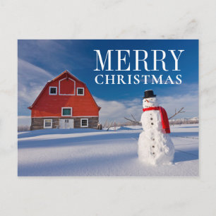 Cartes Pour Fêtes Annuelles Snowman devant la Vintage Red Barn
