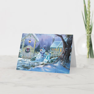 Cartes Pour Fêtes Annuelles Snowman D'Hiver Devant Un Cottage De Noël