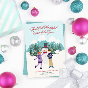 Cartes Pour Fêtes Annuelles Snowman et enfants illustrés mignons sans photo