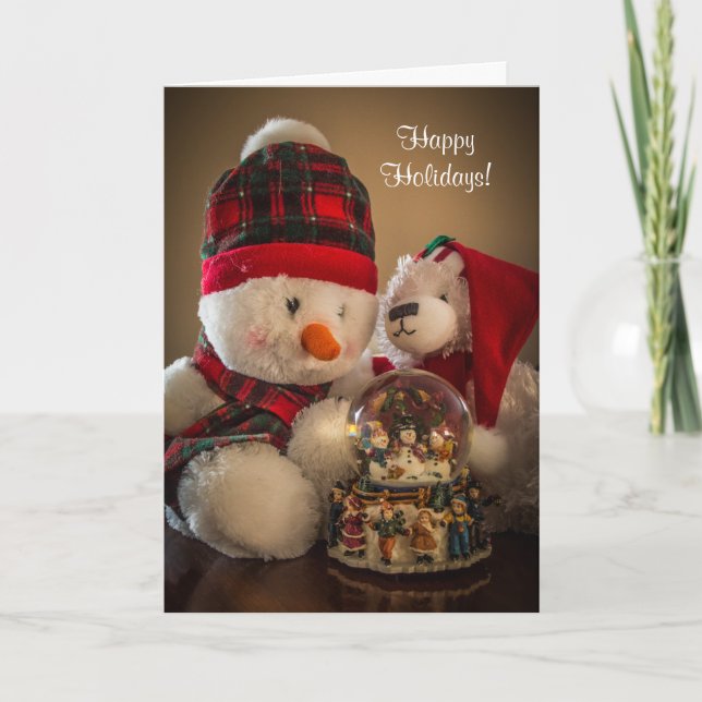 Cartes Pour Fêtes Annuelles Snowman et ours avec Snowglobe (Devant)