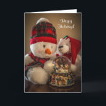 Cartes Pour Fêtes Annuelles Snowman et ours avec Snowglobe<br><div class="desc">image d'un bonhomme de neige en peluche et d'un ours avec un globe de neige en provenance d'eux. Le bonhomme de neige a un tartan ou un casquette de ski rouge plaid,  et l'ours a un chapeau de santa rouge.</div>