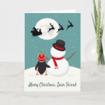 Cartes Pour Fêtes Annuelles Snowman et Pingouin regardent le Sleigh de Père No<br><div class="desc">Un bonhomme de neige et un pingouin regardent le traîneau de Père Noël pendant une nuit d’hiver enneigée. Donne à ton ami cette carte de Noël vraiment adorable. Design © 2015 Julia Bryant.</div>
