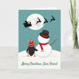 Cartes Pour Fêtes Annuelles Snowman et Pingouin regardent le Sleigh de Père No