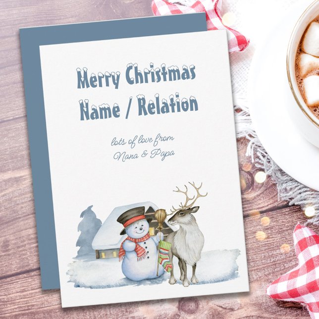 Cartes Pour Fêtes Annuelles Snowman et Reindeer Snowy Texte personnalisé (Créateur téléchargé)