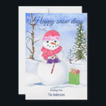 Cartes Pour Fêtes Annuelles Snowman foulard rose canne à bonbons Joyeux jours<br><div class="desc">Snowman avec une écharpe rose portant un sucre de canne. Un sac cadeau vert citron est assis à côté de lui dans la neige. À l'intérieur du sac se trouve une sucette rose spirale et un mignon petit ours. L'arrière - plan est un paysage enneigé avec des arbres. Joyeux jours...</div>