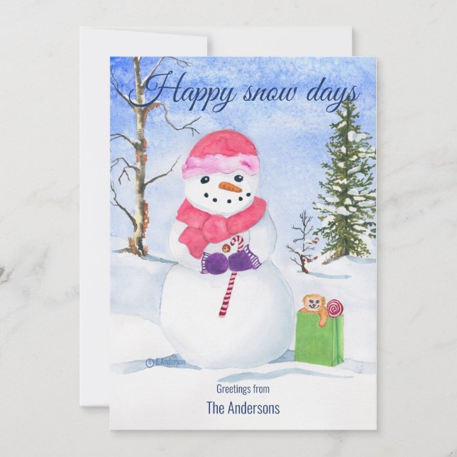 Cartes Pour Fêtes Annuelles Snowman foulard rose canne à bonbons Joyeux jours  (Devant)